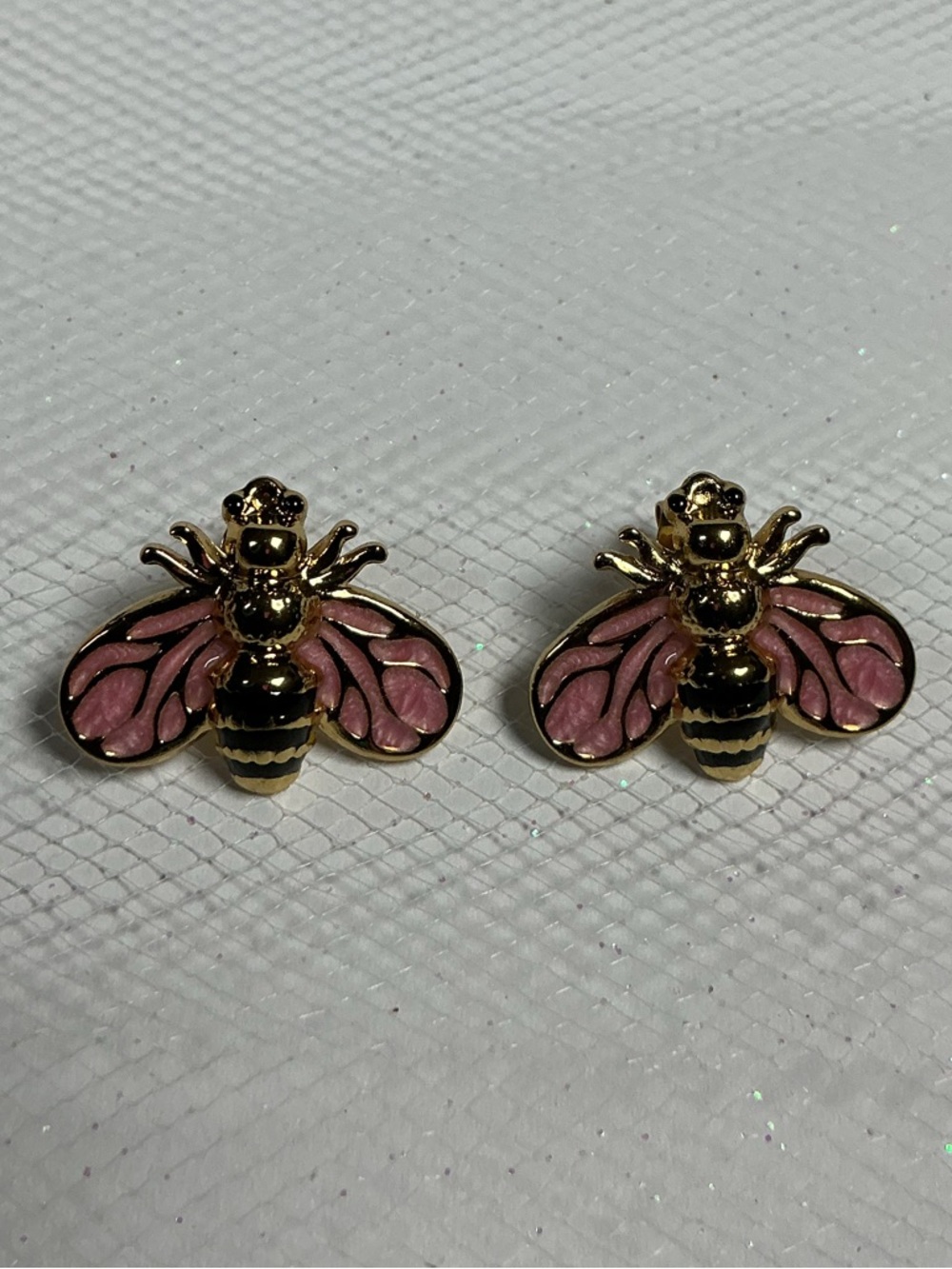 Pink & Black Bee Earrings Hand Painted Enamel Hypoallergenic Post Drop Goldtone - Picture 11 of 16